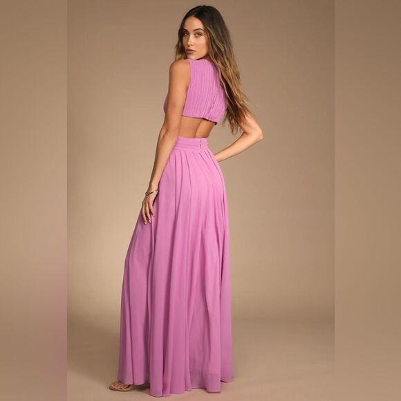 Lulus Vivid Imagination Lilac Pink Cutout Maxi Chiffon V Neck Dress Small NEW - Picture 13 of 16